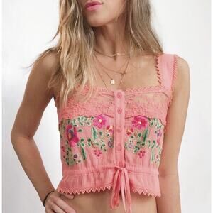 Rahi Cali Floral Embroidered Drawstring Crop Top Women’s Medium Peach Pink Boho